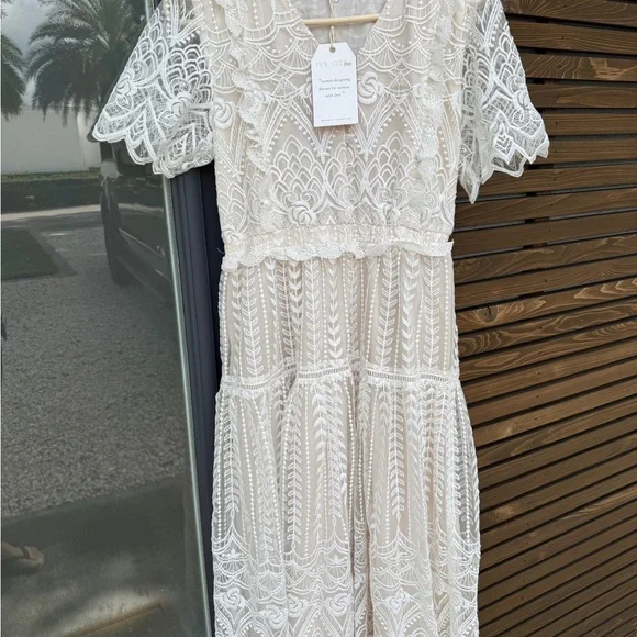 Ivy City Co Lace Tea Length Dress in Cream - Picture 1 of 5